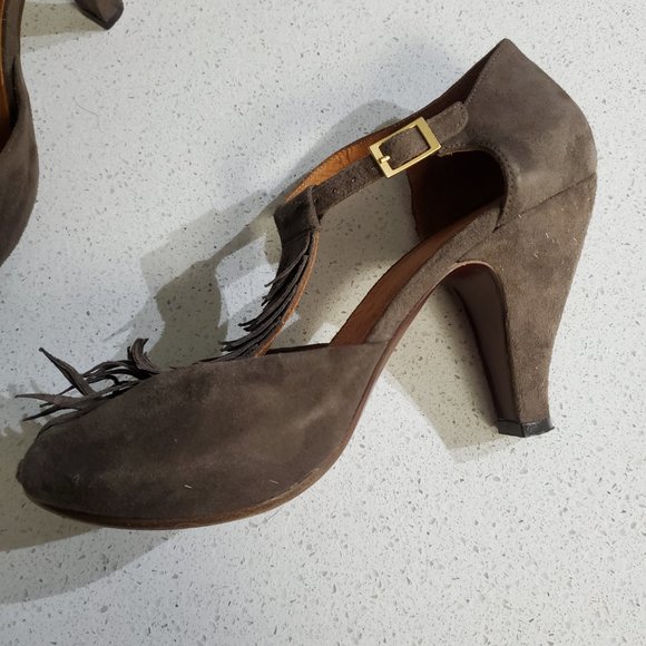 Chie Mihara micro suede leather heals - fringe t strap front - Picture 5 of 12